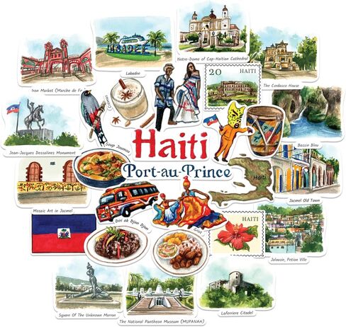 Navy Peony Legendary Haiti Travel Stickers (28pcs) – Hand-Illustrated, Caribbean, Haitian-Themed Vacation Decals for Journals, Scrapbooks, Luggage in Saudi Arabia