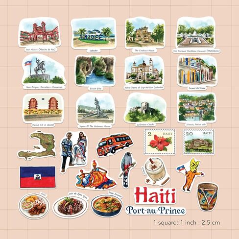 Navy Peony Legendary Haiti Travel Stickers (28pcs) – Hand-Illustrated, Caribbean, Haitian-Themed Vacation Decals for Journals, Scrapbooks, Luggage in Saudi Arabia