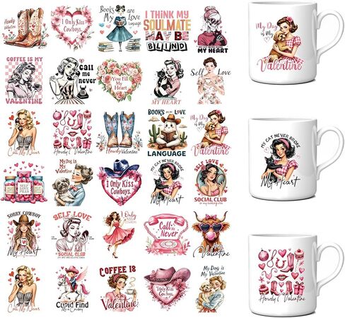 25 Pcs Valentines Day UV DTF Cup Wraps, Boho Retro Uvdtf Cup Wraps for 16 oz Water Bottle, Pink Watercolor Decal Stickers for Women Her Girlfriend Wife DIY Crafts Gift in Saudi Arabia