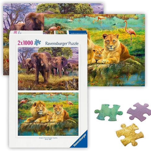 Ravensburger - حيوانات أفريقية - أحجية الصور المقطوعة 2 × 1000 قطعة - #1 الفيلة المبجلة على السهل - #2 عائلة الأسد المهيبة في الراحة - هدية مثالية - فن قابل للإطار - متعة خالية من الشاشة - ألغاز للبالغين in Saudi Arabia