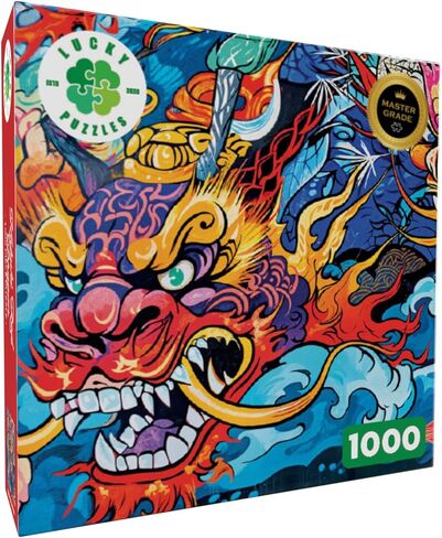 Lucky Puzzles - Kabuki Red Dragon - أحجية الصور المقطوعة المكونة من 1000 قطعة للبالغين | لغز فن الكتابة على الجدران النابض بالحياة | أفضل لغز التنين الياباني الجديد in Kuwait