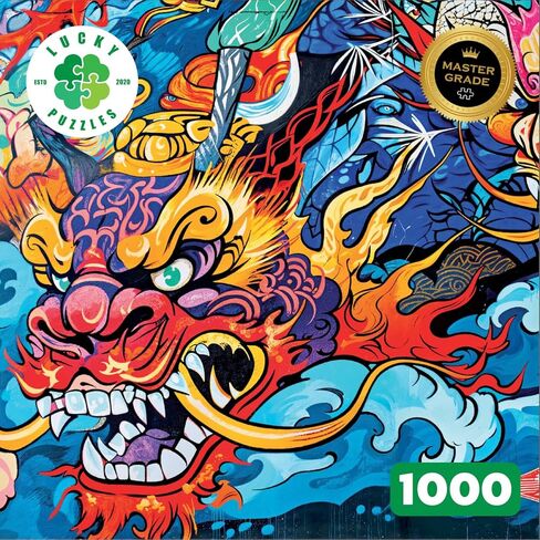 Lucky Puzzles - Kabuki Red Dragon - أحجية الصور المقطوعة المكونة من 1000 قطعة للبالغين | لغز فن الكتابة على الجدران النابض بالحياة | أفضل لغز التنين الياباني الجديد in Kuwait