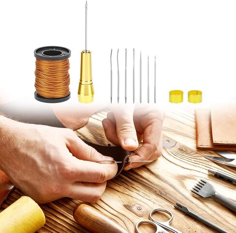 QWORK Leather Sewing Awl Needle Set, Leather Sewing Tools with 6 Needles & 50m Nylon Cord, for Footwear Repair & DIY Projects in Saudi Arabia