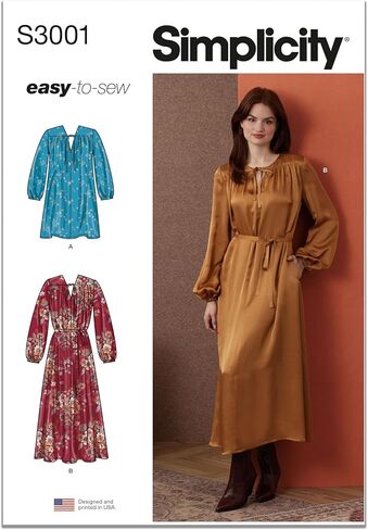 Simplicity SS3001Y5 Misses' V-Neck Dresses Sewing Pattern Packet, Design Code S3001, Sizes 18-20-22-24-26, Multicolor in Saudi Arabia