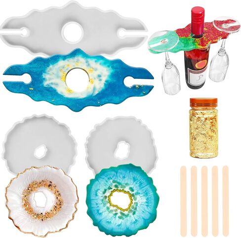 LotFancy Epoxy Resin Molds Set - 2 pcs 5" Irregular Round Flower Coaster, 1 pcs 9.5"x4.25" Glass Holder, with Gold Foil and Stirrers, DIY Silicone Wine Reck Mold in Saudi Arabia