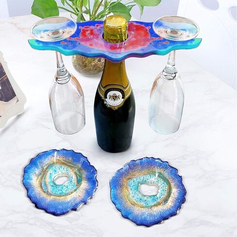 LotFancy Epoxy Resin Molds Set - 2 pcs 5" Irregular Round Flower Coaster, 1 pcs 9.5"x4.25" Glass Holder, with Gold Foil and Stirrers, DIY Silicone Wine Reck Mold in Saudi Arabia