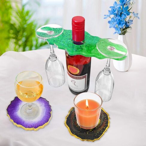 LotFancy Epoxy Resin Molds Set - 2 pcs 5" Irregular Round Flower Coaster, 1 pcs 9.5"x4.25" Glass Holder, with Gold Foil and Stirrers, DIY Silicone Wine Reck Mold in Saudi Arabia