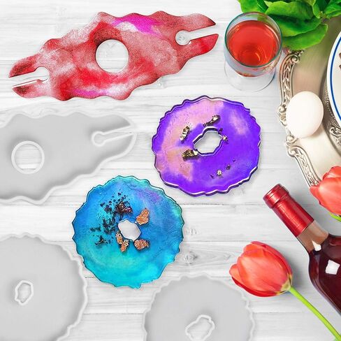 LotFancy Epoxy Resin Molds Set - 2 pcs 5" Irregular Round Flower Coaster, 1 pcs 9.5"x4.25" Glass Holder, with Gold Foil and Stirrers, DIY Silicone Wine Reck Mold in Saudi Arabia