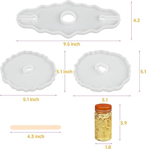 LotFancy Epoxy Resin Molds Set - 2 pcs 5" Irregular Round Flower Coaster, 1 pcs 9.5"x4.25" Glass Holder, with Gold Foil and Stirrers, DIY Silicone Wine Reck Mold in Saudi Arabia