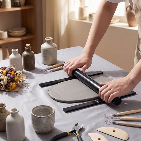Fiwochic 12 Pcs Acrylic Pottery Tools Set Includes 1 Acrylic Clay Rolling Pin Sculpting Polymer Clay Tools 1 Stain Resistant Tablecloth and 10 Pcs 5 Size Teaching Rolling Mud Stick Guide(Black) in Saudi Arabia