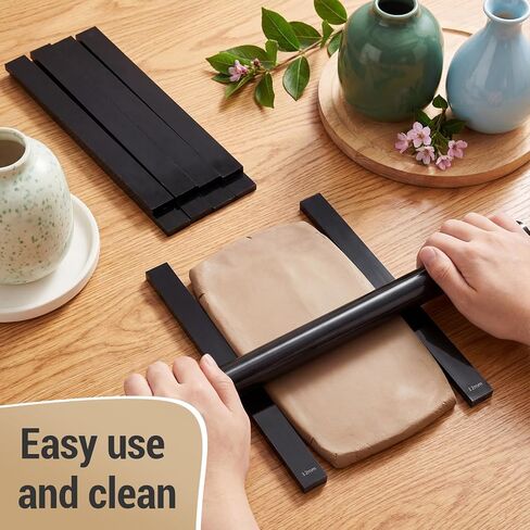 Fiwochic 12 Pcs Acrylic Pottery Tools Set Includes 1 Acrylic Clay Rolling Pin Sculpting Polymer Clay Tools 1 Stain Resistant Tablecloth and 10 Pcs 5 Size Teaching Rolling Mud Stick Guide(Black) in Saudi Arabia