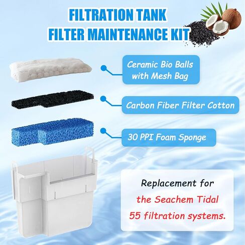 SHIGATSU 4 مجموعة مرشحات ثلاثية المراحل طقم وسائط بديلة لفلتر Seachem Tidal 55، وإسفنجة فلتر حوض السمك البديلة ووسادة الكربون المنشط لمرشح خزان الأسماك in Kuwait