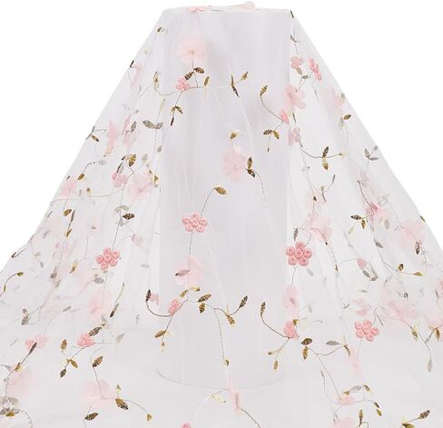 2 Yards 51.18 InchWide Pink Flower Mesh Tulle Fabric White Lace Fabric Floral Embroidered Soft Tulle Lace Fabric for DIY Clothing Dress Design Women Gown Wedding Dress Curtain Decor in Saudi Arabia