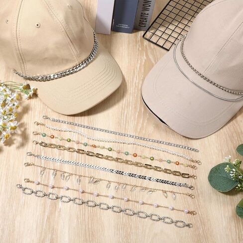 Simarro 14 Pcs Hat Chains for Women Trucker Hat, Detachable Metal/Turquoise/Pearl/Flower/Diamond/Leaves Hat Chains, DIY Bill Decoration for Mesh Baseball Cap Trucker Hat Accessories in Kuwait