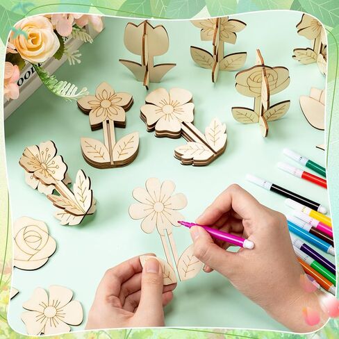 60 جهاز كمبيوتر شخصى الربيع DIY 3D زهرة الحرف الخشبية لطلاء مجموعة 48 جهاز كمبيوتر شخصى شرائح خشبية غير مكتملة قواطع زهرة 3D مع 12 أقلام ملونة، والحلي زهور عيد الفصح لسطح الطاولة صينية اللوحة اللوحة in Kuwait