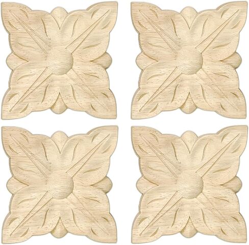 4 Pcs Decorative Wood Flower Carved Appliques Onlays Decals, 2.4 x 4.7 Inch Unpainted Solid Wooden Square Carving Decal Trim for Furniture Cabinet Closet Decoration in Saudi Arabia