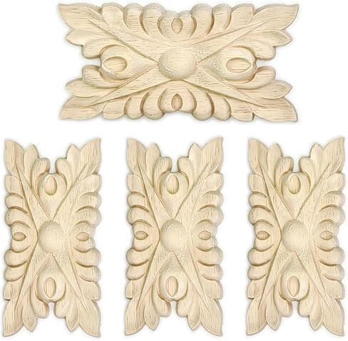 4 Pcs Decorative Wood Flower Carved Appliques Onlays Decals, 2.4 x 4.7 Inch Unpainted Solid Wooden Square Carving Decal Trim for Furniture Cabinet Closet Decoration in Saudi Arabia