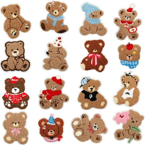 16 Pcs Plush Bear Iron/Sew on Patches, Cute Animal Embroidered Applique for Kids Clothing Repair Decoration DIY Badge Applique Clothes Backpacks Hats Jackets Jeans Dress Bags Sewing Crafts,Etc（Cute） in Saudi Arabia