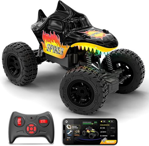 لعبة سيارة سبايكر 2WD RC للأطفال | جهاز تحكم عن بعد للمركبة عالية السرعة وزاحف الصخور الذي يتم التحكم فيه بواسطة التطبيق | USB من النوع C قابل لإعادة الشحن مع مكبرات صوت بلوتوث وأضواء RGB | للأولاد والبنات 4+ سنوات (أسود) in Saudi Arabia