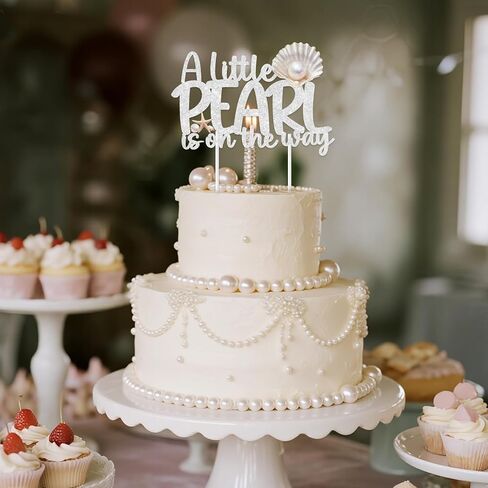 Kreatwow Pearl Theme Baby Shower Decorations A Little Pearl Is On The Way Cake Topper 6.33*4.37Inches Pearls Seashell Sparkling Pearls Under The Sea Baby Shower Ocean Mermaid Party Decor for Pregnancy in Saudi Arabia