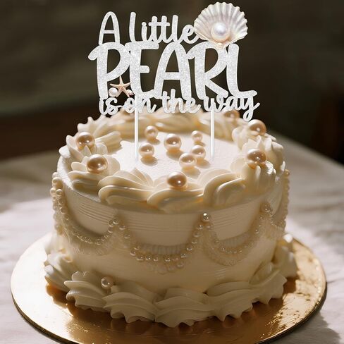 Kreatwow Pearl Theme Baby Shower Decorations A Little Pearl Is On The Way Cake Topper 6.33*4.37Inches Pearls Seashell Sparkling Pearls Under The Sea Baby Shower Ocean Mermaid Party Decor for Pregnancy in Saudi Arabia