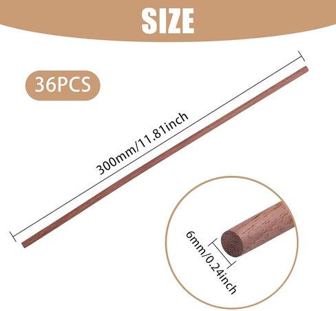 36Pcs Natural Walnut Dowels 0.24×11.8 Inch Wood Dowel Rods Unfinished Round Sticks for Carving Woodworking Building Model Macrame Crafts in Kuwait