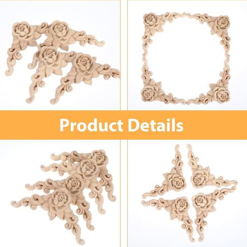 TIESOME 6Pcs Wood Appliques and Onlays Wood Appliques for Furniture, 3.15x3.15 Inch Handmade DIY Carved Onlay Unpainted Corner Decoration for Bed Door Cabinet Wardrobe Furniture in Kuwait