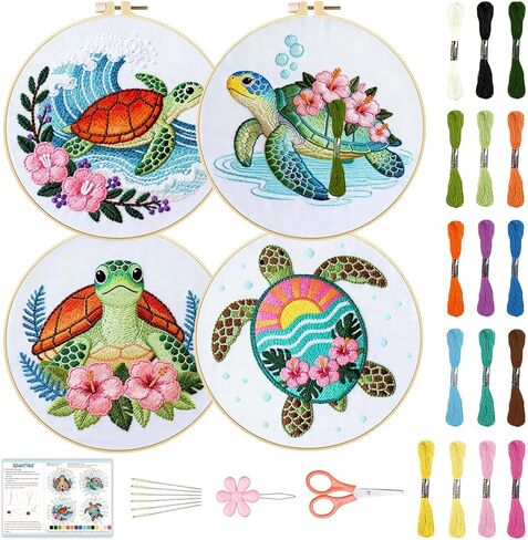 BEUNITONE 4 Sets Sea Turtle Embroidery Kits for Beginners DIY Craft Kits for Adults with Printed Patterns, Hoops and Instructions, Hibiscus Flower Needlepoint Kits for Clothing and Home Decor in Saudi Arabia