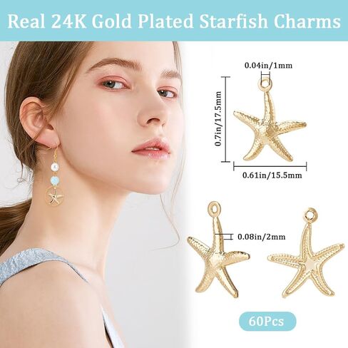 Beebeecraft 1 Box 60Pcs Starfish Charm 24K Gold Plated Stainless Steel Sea Stars Ocean Animal Beach Summer Hawaii Charms for Jewelry Making DIY Necklace Earrings Bracelet Crafts Supplies, 0.6x0.7in in Saudi Arabia