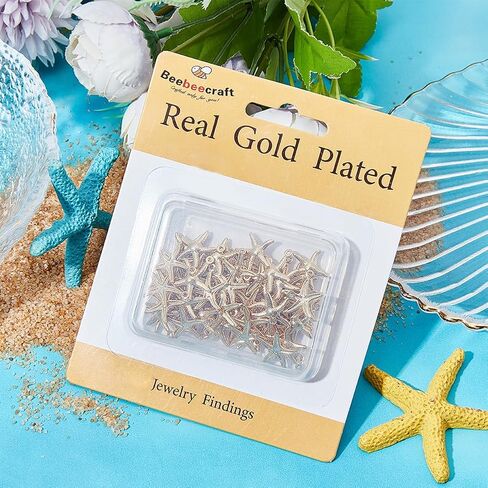 Beebeecraft 1 Box 60Pcs Starfish Charm 24K Gold Plated Stainless Steel Sea Stars Ocean Animal Beach Summer Hawaii Charms for Jewelry Making DIY Necklace Earrings Bracelet Crafts Supplies, 0.6x0.7in in Saudi Arabia