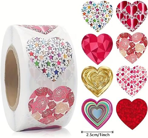 1 Roll 8 Unique Designs Heart-Shaped Gift Decor Stickers - Self-Adhesive Valentine’s Day Craft Stickers for Gift Wrapping & Party Decor in Saudi Arabia