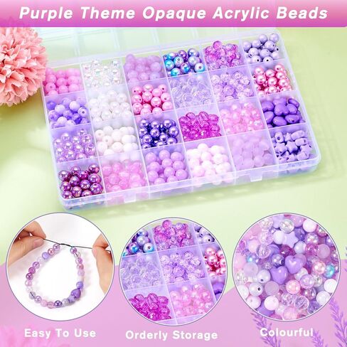 Pandahall 593pcs 8mm الخرز الأرجواني الاكريليك لصنع سوار، حورية البحر الأرجواني Kawaii متعة الخرز مجموعة مزيج البلاستيك جولة فضفاض الخرز DIY صنع المجوهرات قلادة in Saudi Arabia