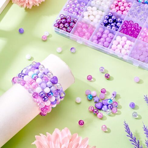 Pandahall 593pcs 8mm الخرز الأرجواني الاكريليك لصنع سوار، حورية البحر الأرجواني Kawaii متعة الخرز مجموعة مزيج البلاستيك جولة فضفاض الخرز DIY صنع المجوهرات قلادة in Saudi Arabia