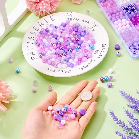 Pandahall 593pcs 8mm الخرز الأرجواني الاكريليك لصنع سوار، حورية البحر الأرجواني Kawaii متعة الخرز مجموعة مزيج البلاستيك جولة فضفاض الخرز DIY صنع المجوهرات قلادة in Saudi Arabia