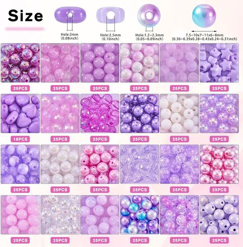 Pandahall 593pcs 8mm الخرز الأرجواني الاكريليك لصنع سوار، حورية البحر الأرجواني Kawaii متعة الخرز مجموعة مزيج البلاستيك جولة فضفاض الخرز DIY صنع المجوهرات قلادة in Saudi Arabia