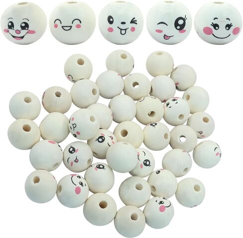 50pcs Loose Smile Beads, 20mm Round Natural Wood Beads for DIY Crafts, Jewelry Making, Christmas Angel Decorations in Saudi Arabia
