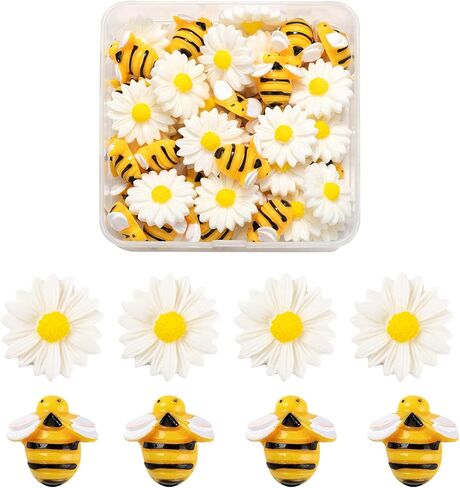 BEEFLYING 50Pcs Daisy Flower Bee Resin Charms Plastic Flatback Bee Charm Epoxy Charms for Jewelry Making Crafts Decor Supplies in Saudi Arabia