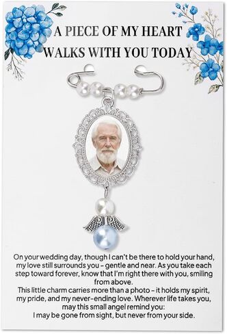 Mikovivi Wedding Bouquet Photo Charm, Oval Bridal Bouquet Memorial Charm with Card Blue Gift Picture Pearl Pin for Groom Memory Accessories Souvenir Pendant in Saudi Arabia