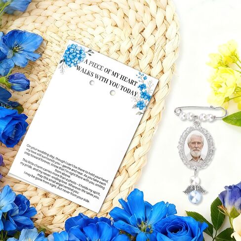 Mikovivi Wedding Bouquet Photo Charm, Oval Bridal Bouquet Memorial Charm with Card Blue Gift Picture Pearl Pin for Groom Memory Accessories Souvenir Pendant in Saudi Arabia