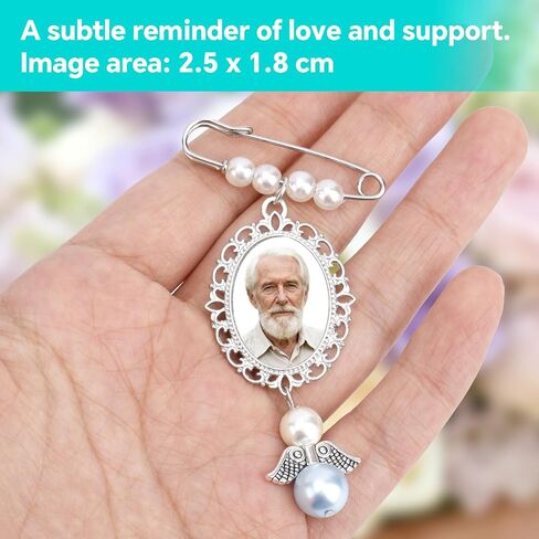 Mikovivi Wedding Bouquet Photo Charm, Oval Bridal Bouquet Memorial Charm with Card Blue Gift Picture Pearl Pin for Groom Memory Accessories Souvenir Pendant in Saudi Arabia