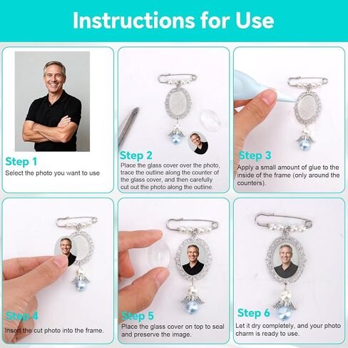Mikovivi Wedding Bouquet Photo Charm, Oval Bridal Bouquet Memorial Charm with Card Blue Gift Picture Pearl Pin for Groom Memory Accessories Souvenir Pendant in Saudi Arabia
