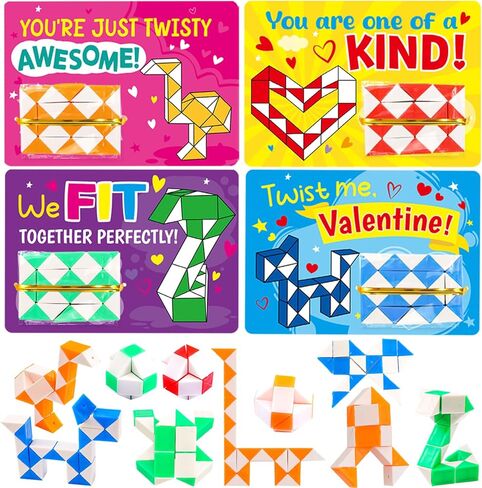 WorldBazaar 24 Sets Valentine’s Cards with Snake Cubes for Kids Valentine Fidget Toys with Cards for Valentine Classroom Exchange Prizes Goodie Bag Stuffers Valentine's Party Favors in Saudi Arabia