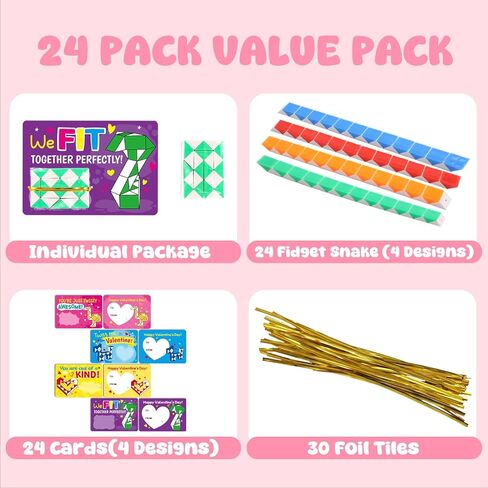 WorldBazaar 24 Sets Valentine’s Cards with Snake Cubes for Kids Valentine Fidget Toys with Cards for Valentine Classroom Exchange Prizes Goodie Bag Stuffers Valentine's Party Favors in Saudi Arabia
