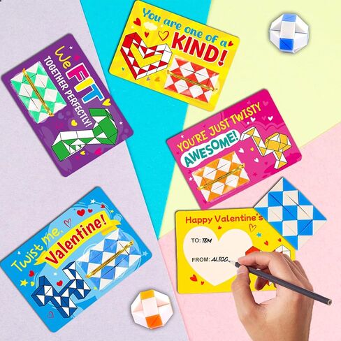 WorldBazaar 24 Sets Valentine’s Cards with Snake Cubes for Kids Valentine Fidget Toys with Cards for Valentine Classroom Exchange Prizes Goodie Bag Stuffers Valentine's Party Favors in Saudi Arabia