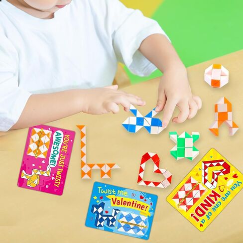 WorldBazaar 24 Sets Valentine’s Cards with Snake Cubes for Kids Valentine Fidget Toys with Cards for Valentine Classroom Exchange Prizes Goodie Bag Stuffers Valentine's Party Favors in Saudi Arabia
