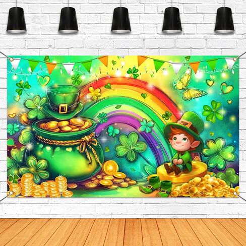 Mocsicka Happy St Patricks Day Banner Lucky Clover Rainbow Gold Coins Green Shamrock صورة خلفية لافتة عيد القديس باتريك ديكورات حفلات خلفية صورة للمنزل (أخضر، 70.8 × 43.3 بوصة) in Kuwait