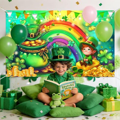 Mocsicka Happy St Patricks Day Banner Lucky Clover Rainbow Gold Coins Green Shamrock صورة خلفية لافتة عيد القديس باتريك ديكورات حفلات خلفية صورة للمنزل (أخضر، 70.8 × 43.3 بوصة) in Kuwait