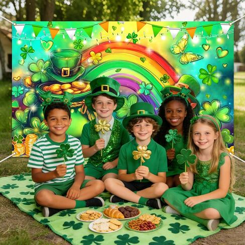 Mocsicka Happy St Patricks Day Banner Lucky Clover Rainbow Gold Coins Green Shamrock صورة خلفية لافتة عيد القديس باتريك ديكورات حفلات خلفية صورة للمنزل (أخضر، 70.8 × 43.3 بوصة) in Kuwait