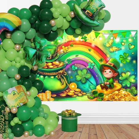 Mocsicka Happy St Patricks Day Banner Lucky Clover Rainbow Gold Coins Green Shamrock صورة خلفية لافتة عيد القديس باتريك ديكورات حفلات خلفية صورة للمنزل (أخضر، 70.8 × 43.3 بوصة) in Kuwait