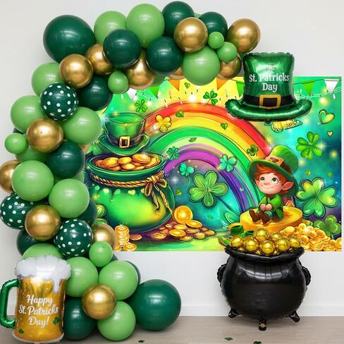 Mocsicka Happy St Patricks Day Banner Lucky Clover Rainbow Gold Coins Green Shamrock صورة خلفية لافتة عيد القديس باتريك ديكورات حفلات خلفية صورة للمنزل (أخضر، 70.8 × 43.3 بوصة) in Kuwait